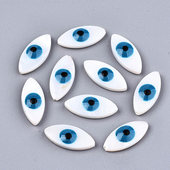 Natural Freshwater Shell Beads, with Enamel, Horse Eye with Evil Eye, Dodger Blue, 18.5x8.5x4mm, Hole: 0.8mm