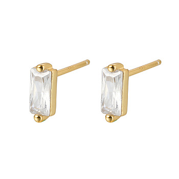 Cubic Zirconia Rectangle Stud Earrings, Golden 925 Sterling Silver Post Earrings, with 925 Stamp, Clear, 7.8x3mm