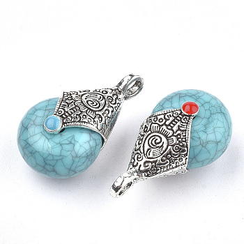 Tibetan Style Resin Pendants, with Alloy & Enamel, teardrop, Antique Silver, Turquoise, 28x16x14mm, Hole: 2~3.5mm