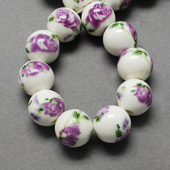 Handmade Printed Porcelain Beads, Round, Orchid, 12mm, Hole: 2mm