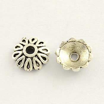 Tibetan Style Zinc Alloy Flower Bead Caps, Antique Silver, 8x2.5mm, Hole: 1.5mm, about 4167pcs/1000g