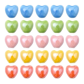 25Pcs 5 Colors Pearlized Handmade Porcelain Beads, Heart, Mixed Color, 10x10x7mm, Hole: 1.8mm, 5pcs/color