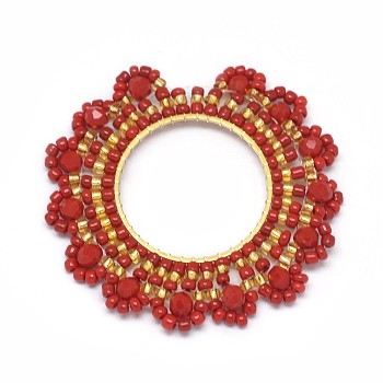 Handmade Woven Pendants, with Glass Beads and Golden Tone 304 Stainless Steel Findings, Flower, FireBrick, 44~46x4mm, Inner Diameter: 23mm