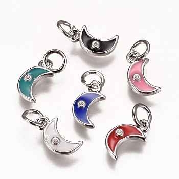Brass Enamel Pendants, with Micro Pave Cubic Zirconia, Moon, Mixed Color, 11x6x2mm, Hole: 3mm
