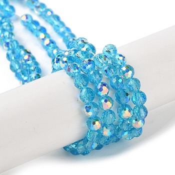 Transparent Electroplate Glass Beads Strands, AB Color Plated, Faceted, Round, Deep Sky Blue, 3.8x4.2mm, Hole: 0.9mm, about 98pcs/strand, 14.96''(38cm)