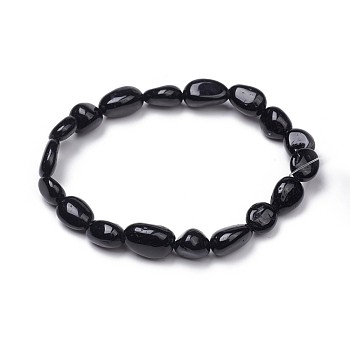 Natural Black Tourmaline Stretch Beaded Bracelets, Tumbled Stone, Nuggets, 1-7/8 inch~2-1/8 inch(4.8~5.5cm), Beads: 6~15x6~11x3~11mm