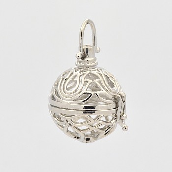 Filigree Round Brass Cage Pendants, For Chime Ball Pendant Necklaces Making, Platinum, 37mm, 30.5x29x24mm, Hole: 5x6mm, 20mm inner diameter
