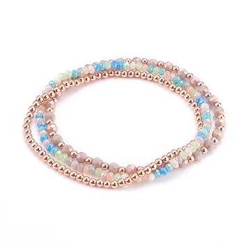 3Pcs 3 Styles Stretch Beaded Bracelets Sets, with Glass Beads and Rose Gold Plated Brass Beads, Rondelle & Round, Mixed Color, 2-1/4 inch(5.6~5.8cm), 1pc/style