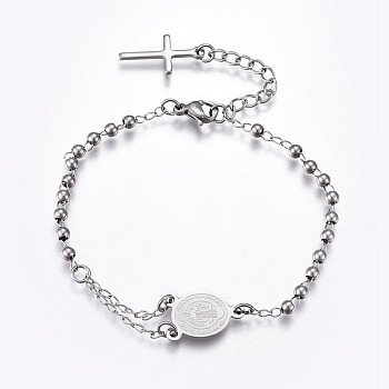 201 Stainless Steel Charm Bracelets, Religion Theme, Oval and Cross, Rosary Center Pieces, Stainless Steel Color, 6-3/4 inch(17~17.2cm), 2.8mm