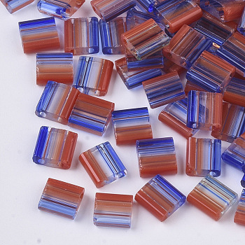 2-Hole Glass Seed Beads, Striped Seed Beads, Transparent Colours, Two Tone, Rectangle, Blue, 5x4.5~5.5x2~2.5mm, Hole: 0.5~0.8mm