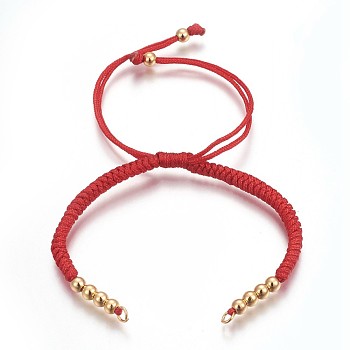 Nylon Cord Braided Bead Bracelets Making, with Brass Beads, Long-Lasting Plated, Real 24K Gold Plated, Red, 10-1/4 inch(26cm)~11-5/8 inch(29.6cm)
