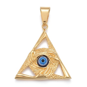 304 Stainless Steel Pendants, with Resin, Triangle with Evil Eye Protection Hands, Golden, 38.5x38x7mm, Hole: 6.5x11.5mm