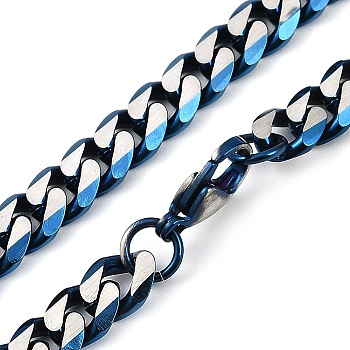 Matte Style 304 Stainless Steel Cuban Link Chain Necklaces for Men, Blue & Stainless Steel Color, 23.54 inch(59.8cm)