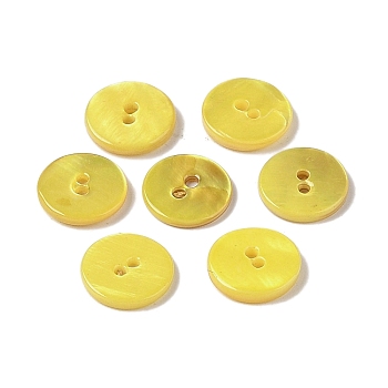 Spray Paint Natural Freshwater Shell Button, 2-Hole, Flat Round, Yellow, 11.5x1.5mm, Hole: 1.4mm