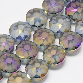 Electroplate Glass Beads Strands, Frosted, Rainbow Plated, Faceted, Flat Round, Light Steel Blue, 14x8~10mm, Hole: 1.5mm, about 50pcs/strand, 26.77 inch