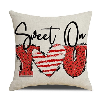 Valentine's Day Burlap Pillow Covers, Square Pillowcase with Zipper, Word Sweet on You, Beige, 450x454x2mm