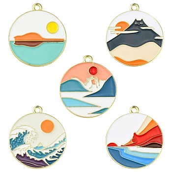 10Pcs 5 Styles Alloy Enamel Pendants, Golden, Flat Round with Cat & Sun & Sea Wave, Mixed Color, 28x25mm, Hole: 2mm, 2pcs/style