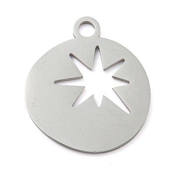 304 Stainless Steel Pendants, Laser Cut, Stainless Steel Color, Flat Round Charm, Star, 25x22x1mm, Hole: 3mm