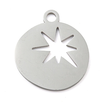 Non-Tarnish 304 Stainless Steel Pendants, Laser Cut, Stainless Steel Color, Flat Round Charm, Star, 25x22x1mm, Hole: 3mm