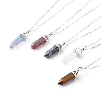 Bullet Shaped Natural Mixed Gemstone Pendant Necklaces, with 304 Stainless Steel Chain Extender & Zinc Alloy Lobster Claw Clasps, 16.53 inch(42cm), 2mm