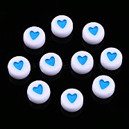 Opaque Acrylic Beads, with Enamel, Flat Round with Heart, Dodger Blue, 7x3.5mm, Hole: 1.2mm, about 3600~3700pcs/500g(MACR-N008-57H)
