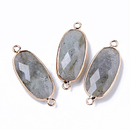 Natural Labradorite Links Connectors, with Light Gold Plated Edge Brass Loops, Oval, Faceted, 27x11x5.5mm, Hole: 2mm(G-R472-03M)