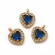 Vacuum Plating 304 Stainless Steel Cubic Zirconia Pendants, with Rhinestone, Heart Charms, Medium Blue, 12.5x10x3.5mm, Hole: 1.8mm(STAS-A076-02G-02)