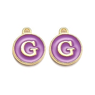 Golden Plated Alloy Enamel Charms, Enamelled Sequins, Flat Round with Alphabet, Letter.G, Purple, 14x12x2mm, Hole: 1.5mm(ENAM-Q437-12G)