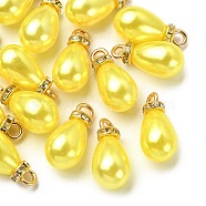 ABS Plastic Pendants, with Golden Tone Iron Findings and Rhinestone, Dyed, Teardrop Charm, Pale Goldenrod, 19.5x9.5mm, Hole: 2.5mm, about 15pcs/bag(KY-YW0001-25B)