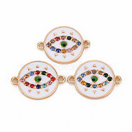 Alloy Links Connectors, with Enamel and Colorful Rhinestone, Light Gold, Flat Round with Evil Eye, Creamy White, 15x20x2mm, Hole: 1.5mm(PALLOY-N153-23-RS)