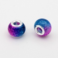 Large Hole Glass European Beads, with Silver Color Plated Brass Cores, Rondelle, Royal Blue, 14x10mm, Hole: 5mm(GPDL-J009-02)