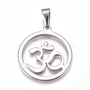 Yoga 304 Stainless Steel Pendants, Ring with Aum/Om Symbol, Stainless Steel Color, 33.5x30x1.5mm, Hole: 10x4.5mm(X-STAS-I135-24P)