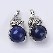 Natural Lapis Lazuli Pendants, with Platinum Tone Brass Findings, Owl with Round Ball, 31x18.5x16mm, Hole: 5x8mm(G-P350-A06)