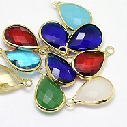 Golden Tone Brass Glass Teardrop Pendants, Mixed Color, 18x11x5mm, Hole: 2mm(GLAA-J017A-G)