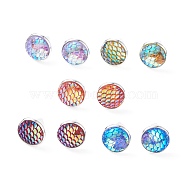 Mermaid Scale Flat Round Stud Earrings, Brass Jewelry for Women, Mixed Color, 15.5x13.5mm, Pin: 0.7mm(EJEW-JE04798)
