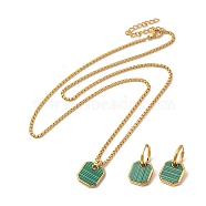 Synthetic Malachite Octogon Dangle Hoop Earring & Pendant Nacklace, Vacuum Plating 304 Stainless Steel Jewelry Set for Women, Golden, Necklace: 505mm, Earring: 26mm, Pin: 0.9mm(SJEW-P002-04G)