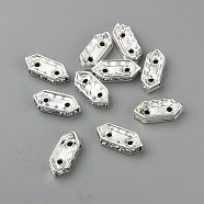 Brass Middle East Rhinestone Bridge Spacers, 10 pcs Clear Rhinestone Beads, Silver Color Plated, Nickel Free,  Hexagon, about 4.5mm wide, 11mm long, 2.5mm thick, hole: 1mm, 2 holes(RSB021NF-2)