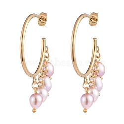 Dangle Chandelier Earrings, with Natural Cultured Freshwater Pearl Beads, 304 Stainless Steel Stud Earring Findings and Brass Findings, Golden, Pink, 47x37x6mm, Pin: 0.6mm(EJEW-JE04105-02)