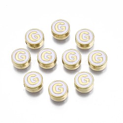 Alloy Enamel Beads, Cadmium Free & Lead Free, Light Gold, Flat Round with Alphabet, White, Letter.G, 8x4mm, Hole: 1.5mm(X-ENAM-N052-006-01G-RS)