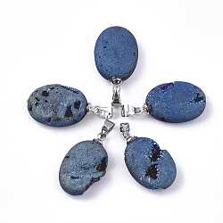 Electroplate Natural Druzy Geode Agate Pendants, with Brass Findings, Oval, Platinum, Steel Blue, 22.5x13.5x6.5mm, Hole: 4.5x4mm(G-S344-60A-04)