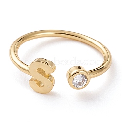 Brass Micro Pave Clear Cubic Zirconia Cuff Rings, Open Rings, Long-Lasting Plated, Real 18K Gold Plated, Letter.S, US Size 6, Inner Diameter: 17mm(RJEW-J074-01G-S)
