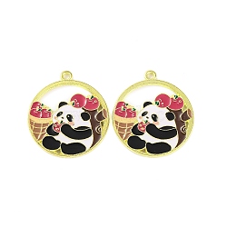 Golden Plated Alloy Enamel Pendants, Cadmium Free & Lead Free, Flat Round with Panda Charm, Cerise, 28.5x25x2mm, Hole: 1.8mm(ENAM-Z017-08G-03)