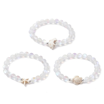 3Pcs Beach Dolphin & Turtle & Starfish Dyed Synthetic Turquoise Bead Bracelets, 8mm Round Synthetic Moonstone Beaded Stretch Bracelets for Women Men, Beige, Inner Diameter: 2-1/8 inch(5.5cm), 8mm