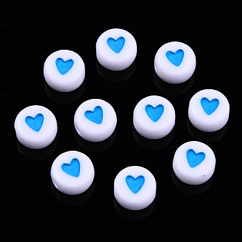 Opaque Acrylic Beads, with Enamel, Flat Round with Heart, Dodger Blue, 7x3.5mm, Hole: 1.2mm, about 3600~3700pcs/500g