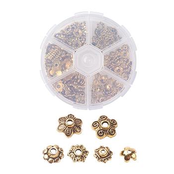1Box Mixed Style Tibetan Style Alloy Flower Bead Caps, Antique Golden, 7~10x4~10mm, Hole: 1~2mm, about 30pcs/compartment