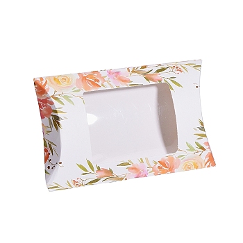Paper Pillow Boxes, Gift Candy Packing Box, with Clear Window, Floral Pattern, White, 12.5x7.6x2.2cm