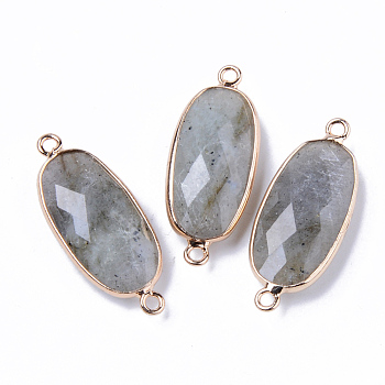Natural Labradorite Links Connectors, with Light Gold Plated Edge Brass Loops, Oval, Faceted, 27x11x5.5mm, Hole: 2mm