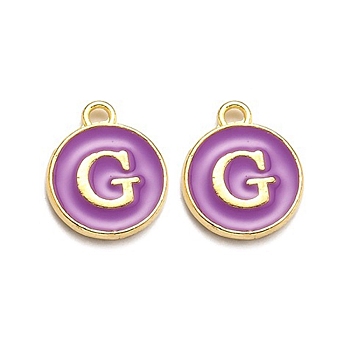 Golden Plated Alloy Enamel Charms, Enamelled Sequins, Flat Round with Alphabet, Letter.G, Purple, 14x12x2mm, Hole: 1.5mm