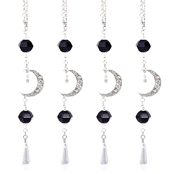 Crystal Glass Bullet Pendant Decorations, Hanging Sun Catchers, with Acrylic Beads and Alloy Moon Charm, for Home Decoration, Black, 340mm, 4pcs/box