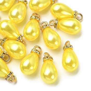 ABS Plastic Pendants, with Golden Tone Iron Findings and Rhinestone, Dyed, Teardrop Charm, Pale Goldenrod, 19.5x9.5mm, Hole: 2.5mm, about 15pcs/bag